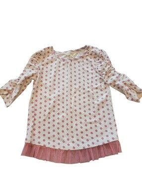 Matilda Jane Girls Pink White Polka Dot Tulle Hem Ruched Sleeve Tunic Top Size 4